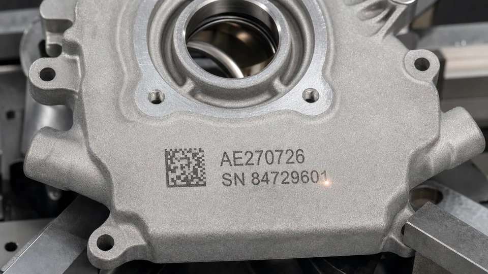 Laser-marked automotive component with DataMatrix and serial number