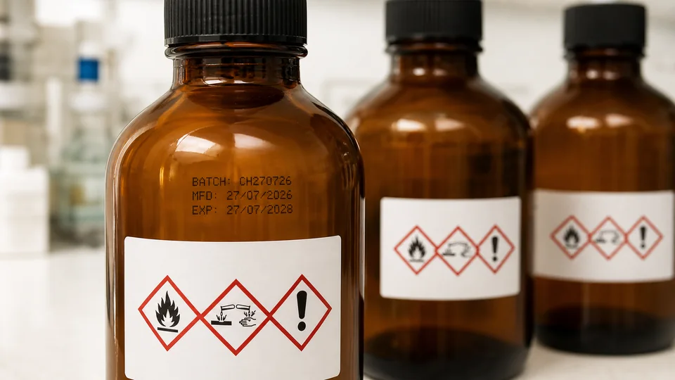 Hazard-labelled chemical containers with printed batch code