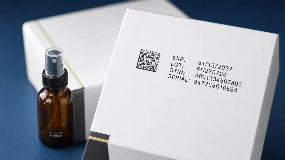Pharmaceutical carton traceability coding with cosmetic spray bottle