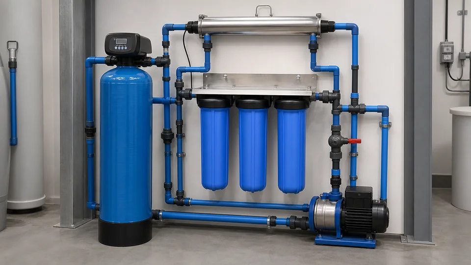 Industrial water-treatment filtration system with pumps and pipework
