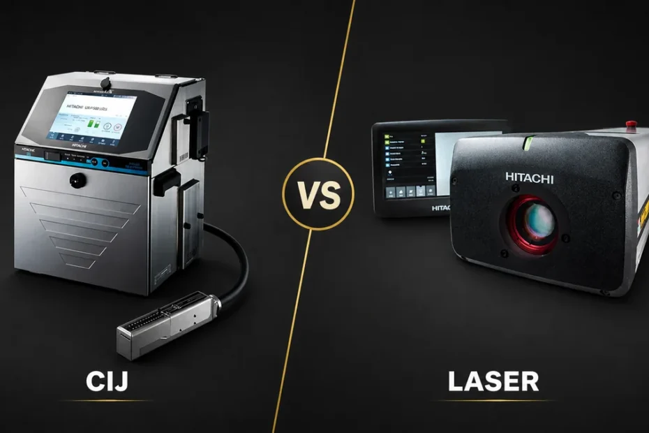 Hitachi continuous inkjet printer compared with a Hitachi laser marking system