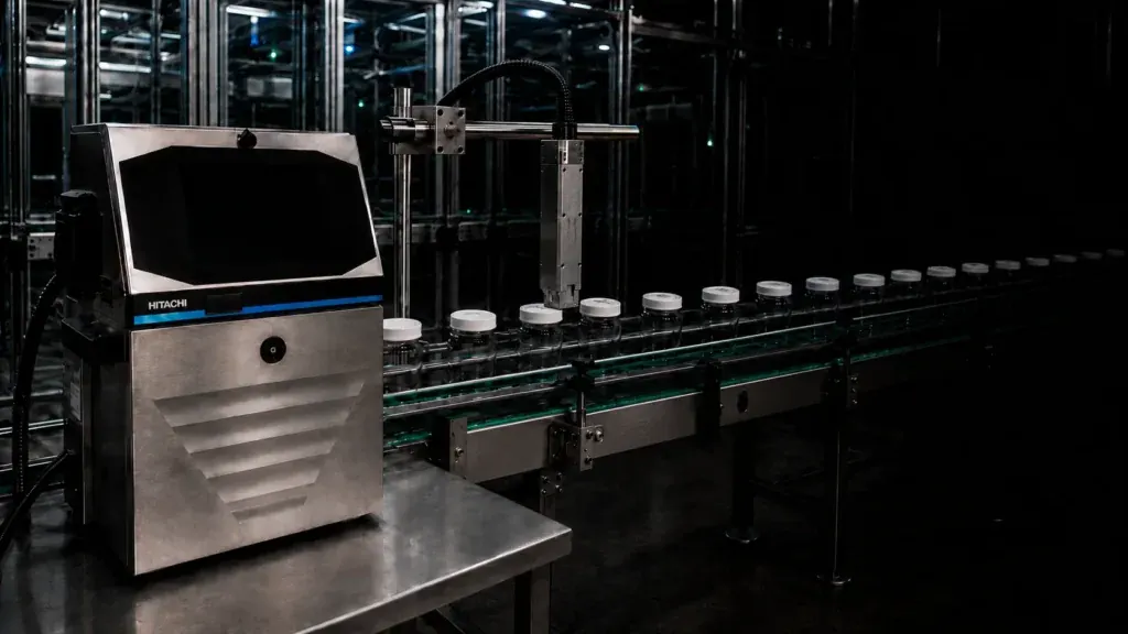 Industrial inkjet printer installed beside a bottling production line