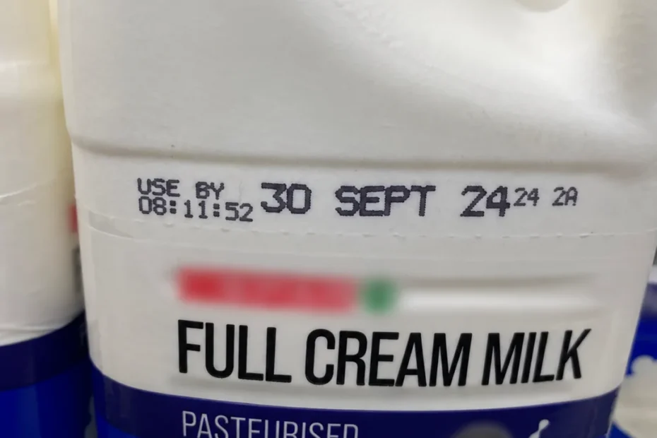 Large and small Hitachi UX-B date-code characters printed on a 2 L HDPE milk bottle