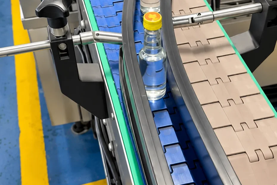 Small glass bottles entering a standalone label applicator on a beverage production line